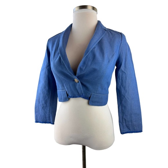 by Anthropologie Cropped Frayed Hem Blazer Blue Single Button Women's Size 2 - Picture 13 of 13